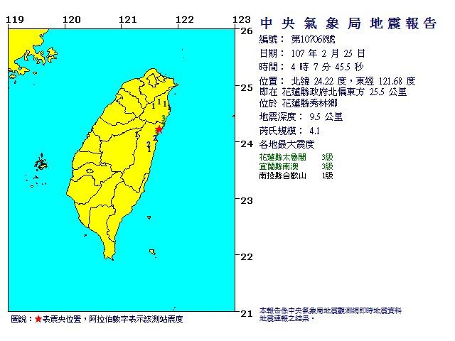 花蓮凌晨規模4.1地震 最大震度三級