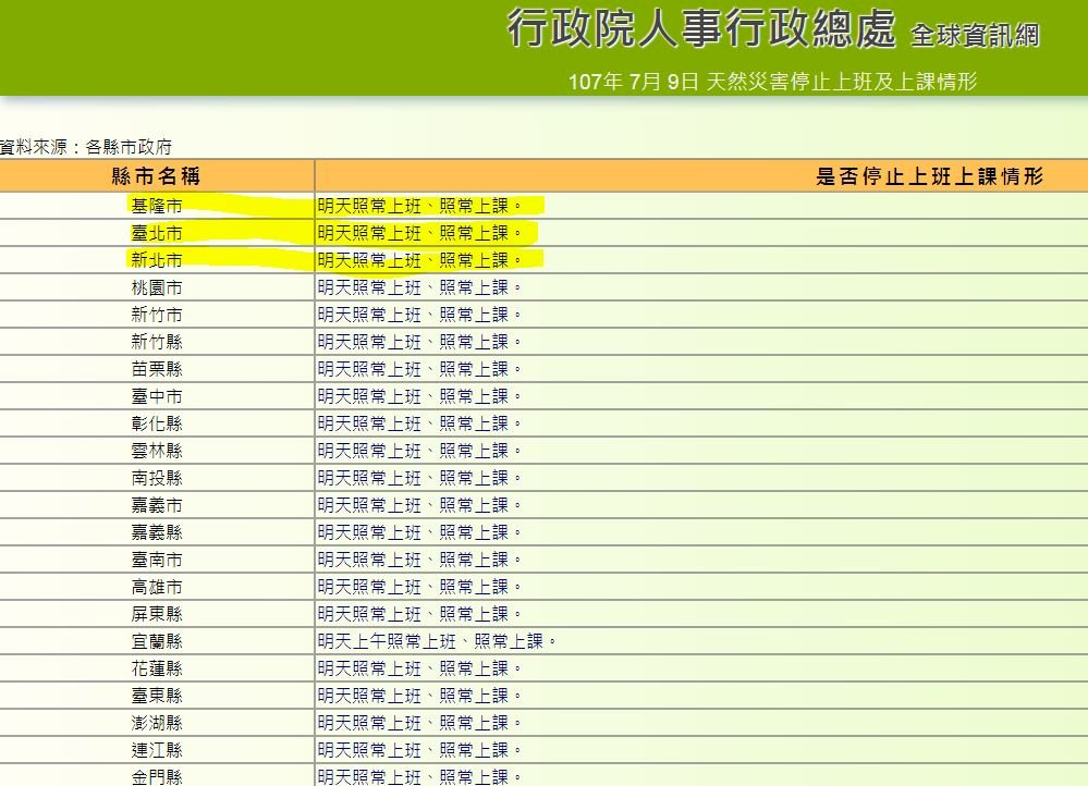 北北基明照常上班上課 將適時發布相關訊息