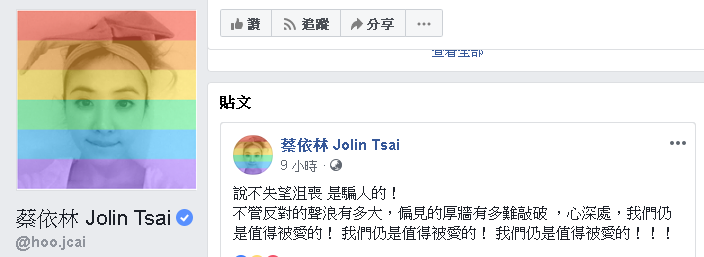 挺同公投未過關 眾星臉書發文打氣