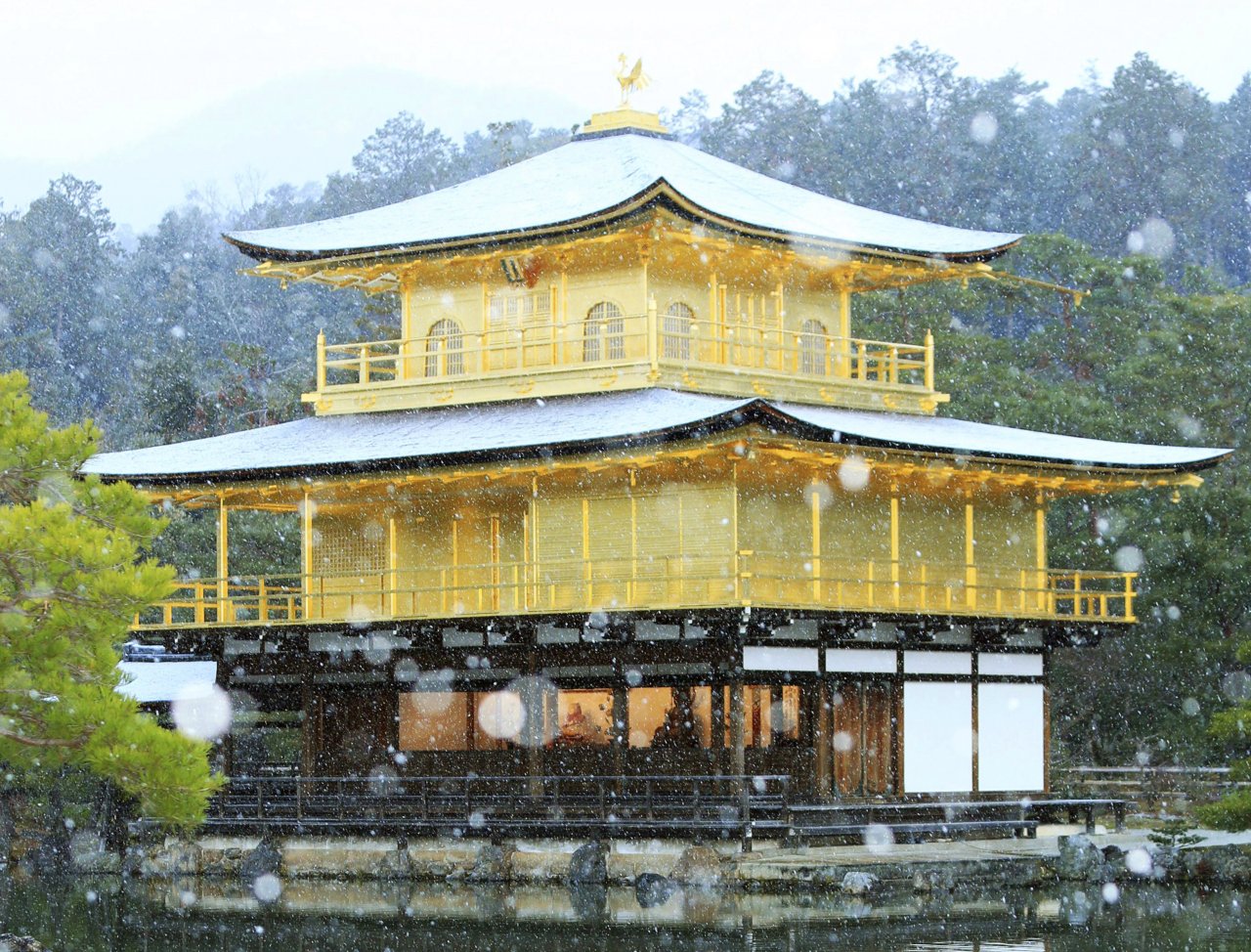 冬季最強寒流襲日 金閣寺覆薄雪