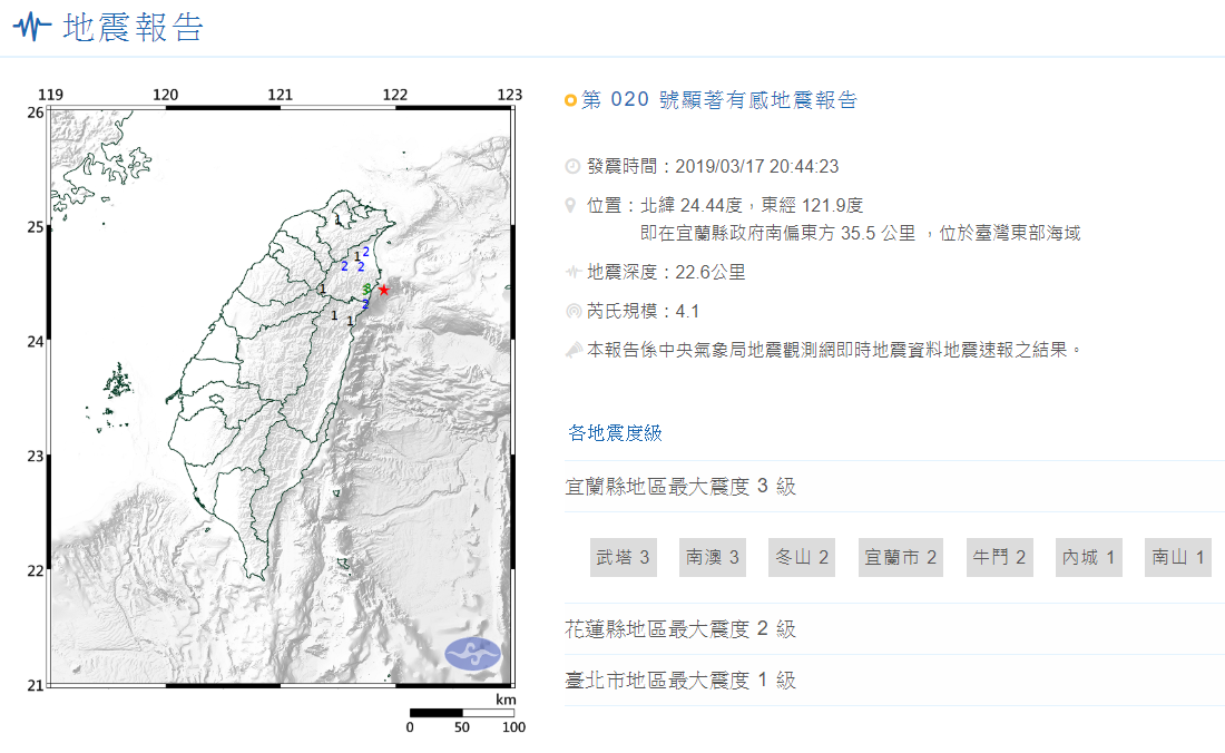 宜蘭地震規模4.1 最大震度3級
