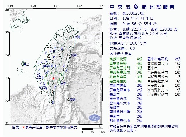 台東規模5.2地震 屬3日規模5.6餘震