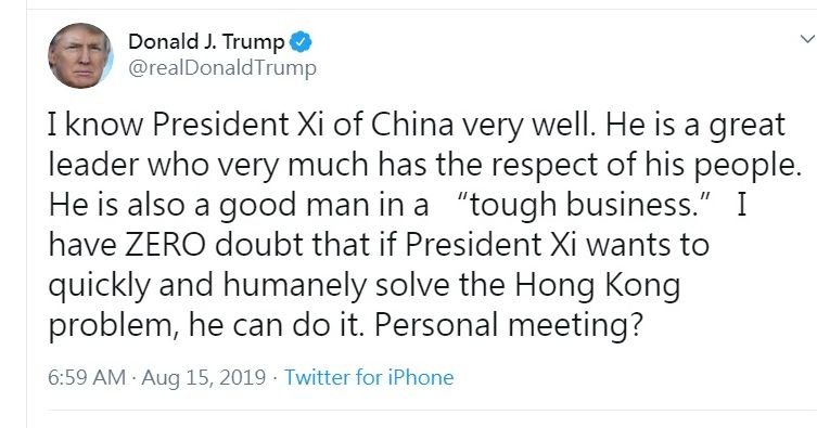 川普：習近平能人道快速解決香港僵局