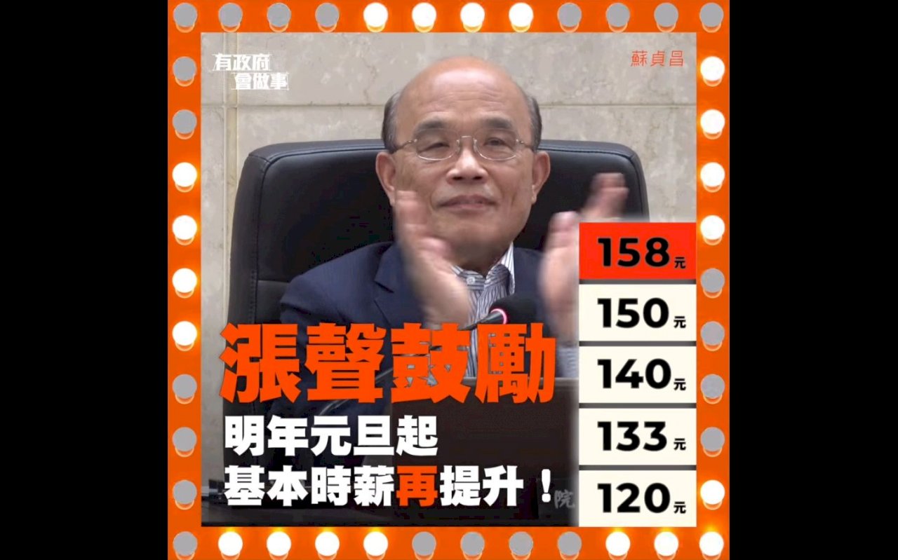 蘇揆拍板 明年起基本工資漲為23800、時薪為158