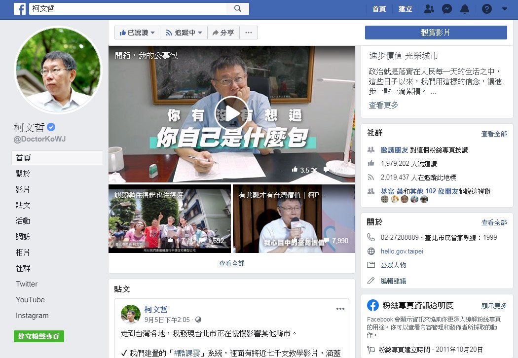 臉書粉絲頁按讚人數跌破2百萬 柯：內部有在檢討
