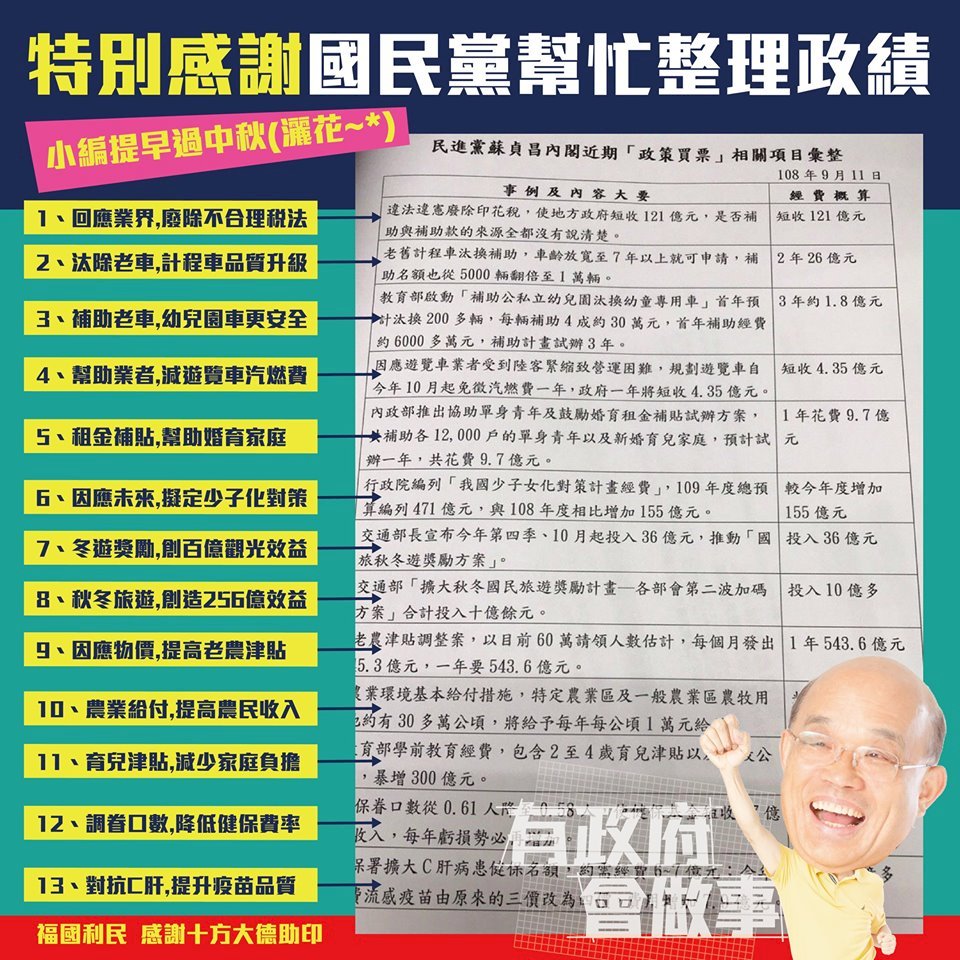 國民黨批政策買票 蘇貞昌：感謝幫忙整理政績