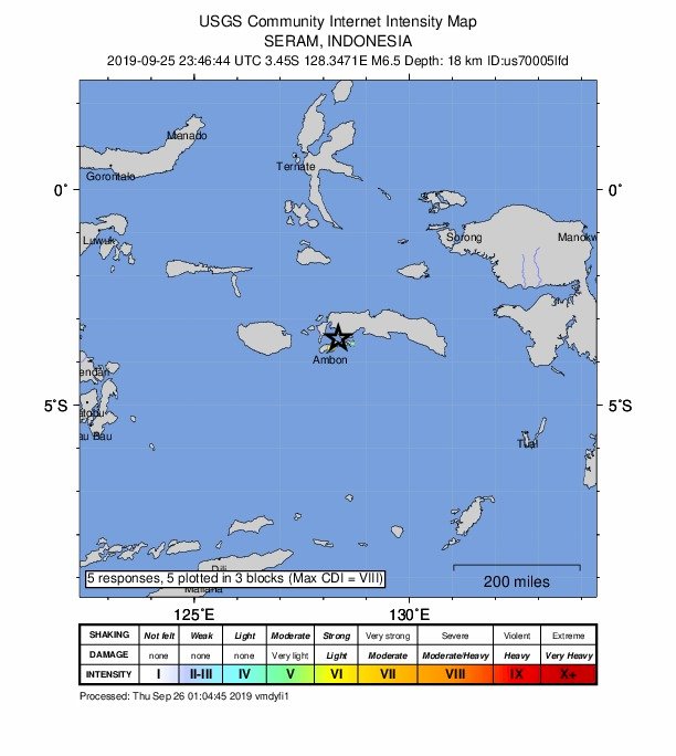 USGS：印尼東部6.5強震 未發佈海嘯警報