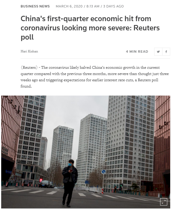 路透調查：中國首季經濟成長預估降至3.5%