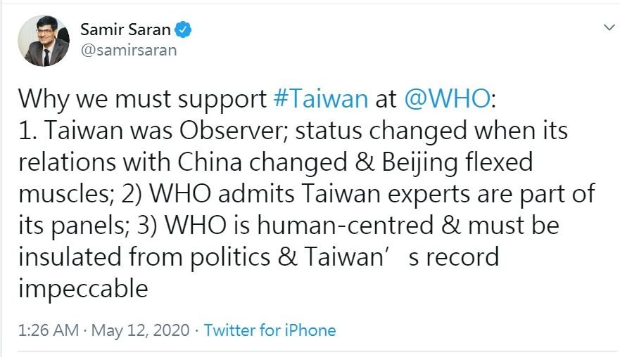 印度國會議員智庫推文 籲挺台參與世衛組織