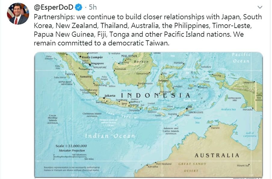 美國防部長推文 重申對民主台灣承諾