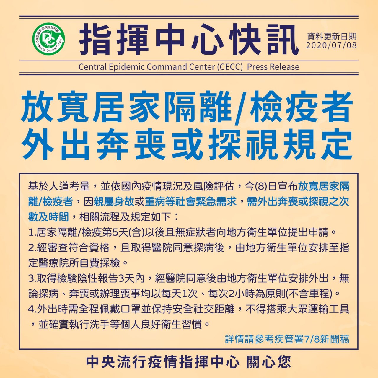 指揮中心放鬆管制 開放自費篩檢以及放寬奔喪規定