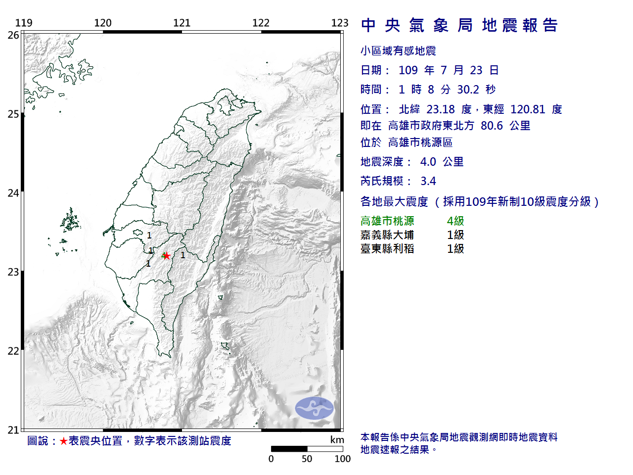 高雄規模3.4地震 最大震度桃源4級