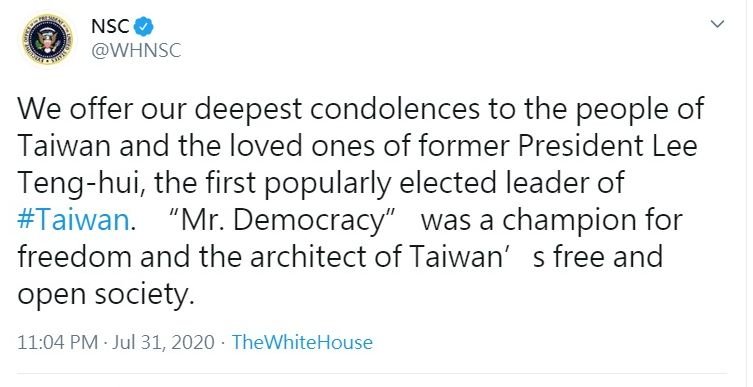 李登輝辭世 白宮國安會：台自由開放社會建築師