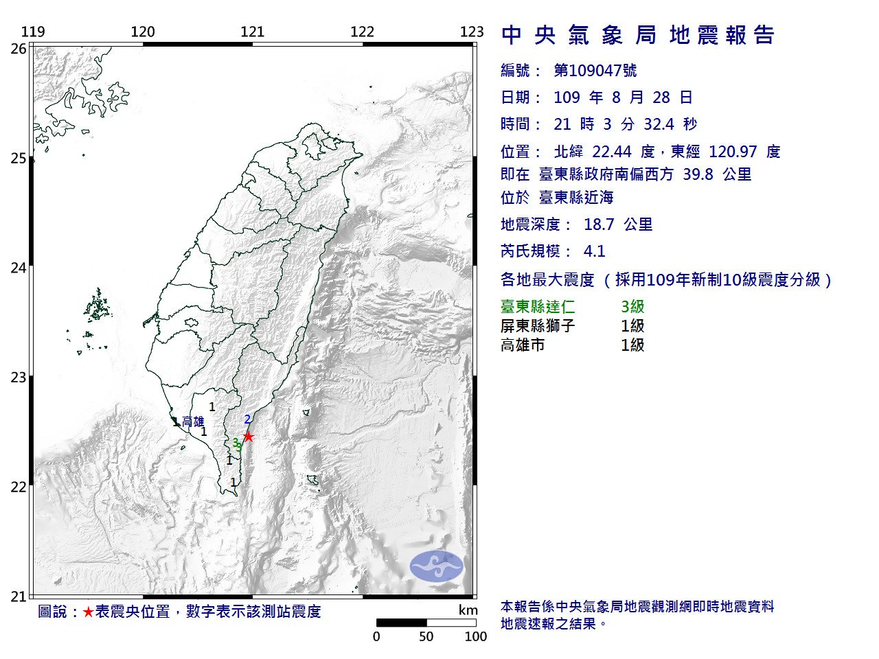 台東規模4.1地震 最大震度台東縣3級