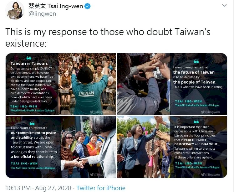 蔡英文推特四圖回擊：台灣的存在無庸置疑