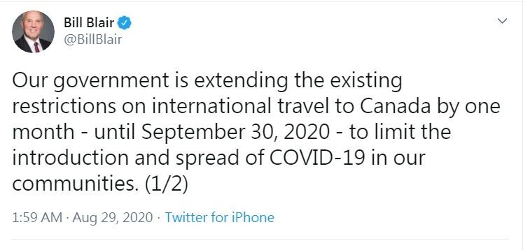 加拿大延長外國旅客入境禁令 直到9月30日
