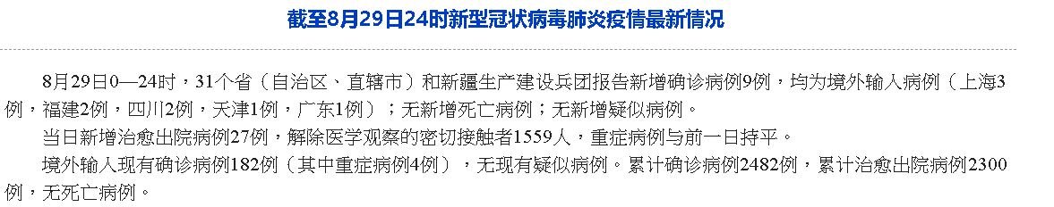 中國29日新增9例境外移入武漢肺炎患者