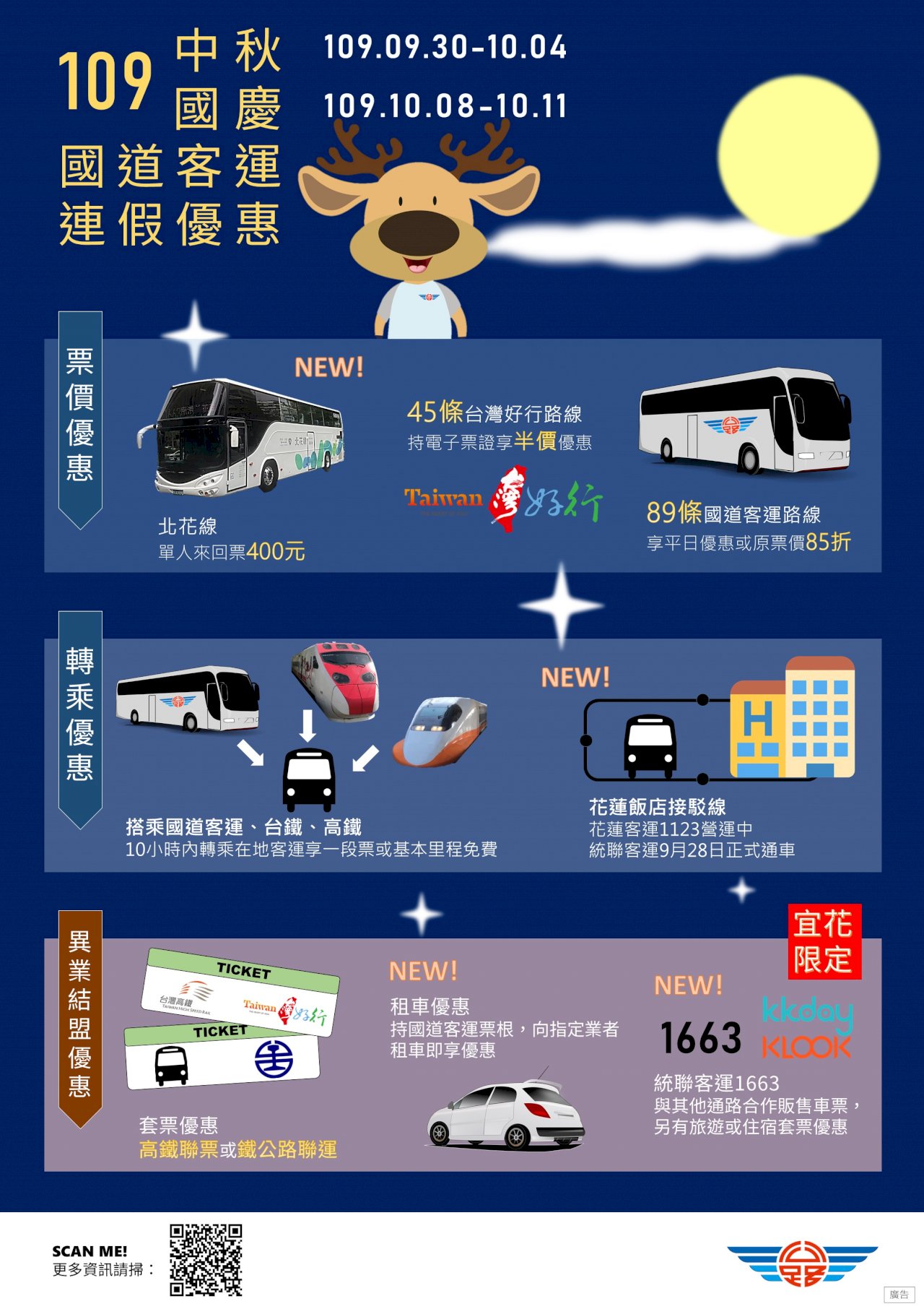 迎中秋雙十連假 搭客運到宜花、優惠又省時