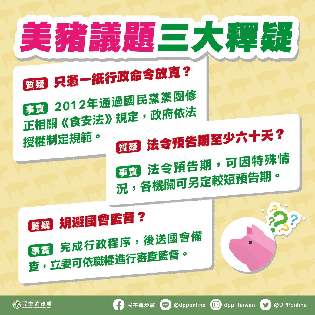 民進黨：開放美豬行政程序完成後 送國會監督
