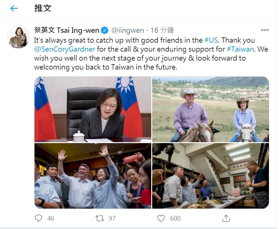 友台參議員賈德納連任失利 總統通話致意並邀再遊台灣