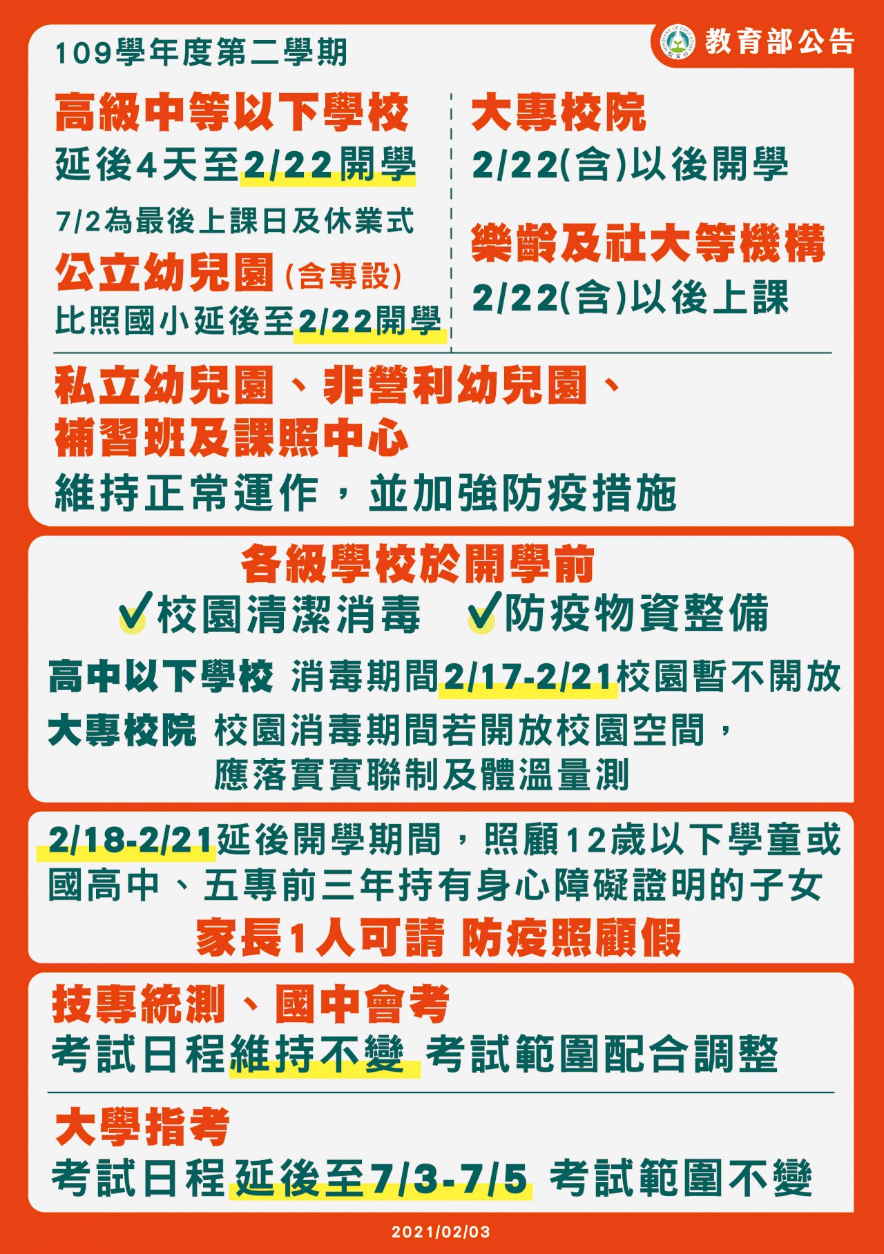 因應疫情 教育部宣布高中以下開學日延至2/22