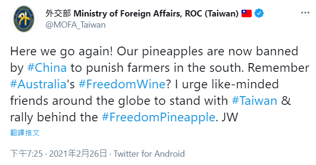 中國暫停進口  吳釗燮籲各國力挺台灣自由鳳梨