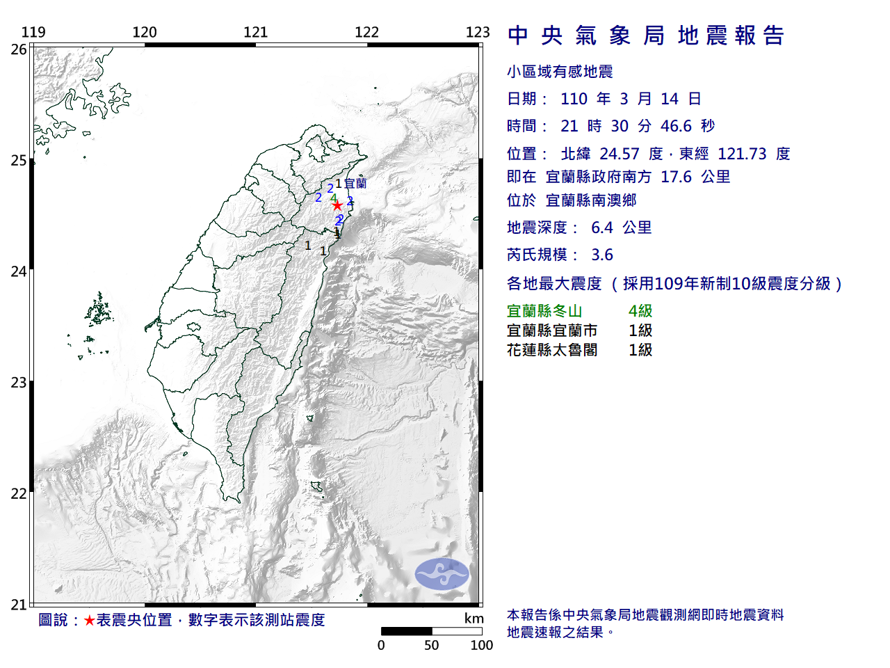 宜蘭南澳鄉地震規模3.6  最大震度4級