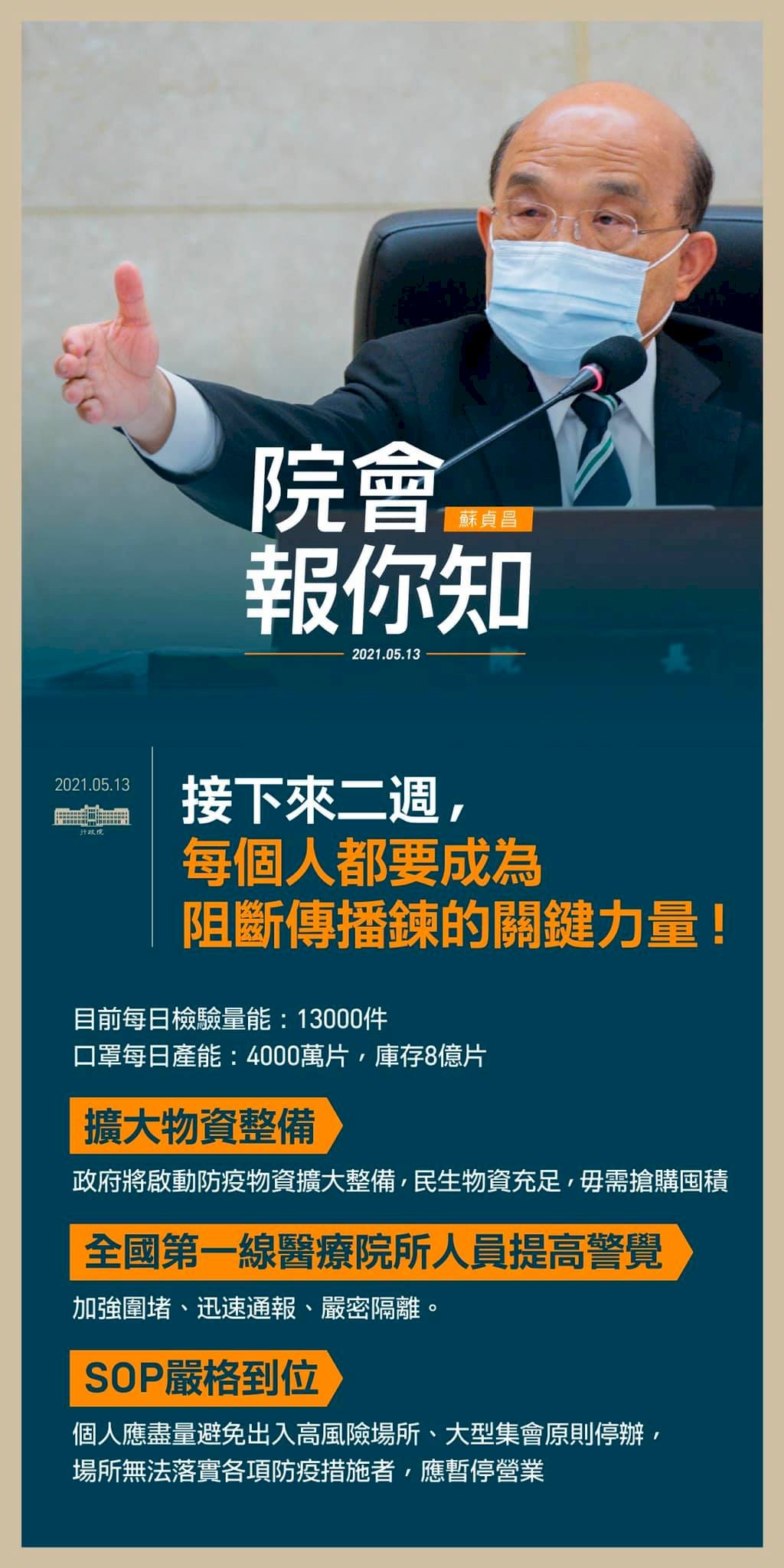 蘇揆：未來2週每個人都是阻斷傳播的關鍵力量