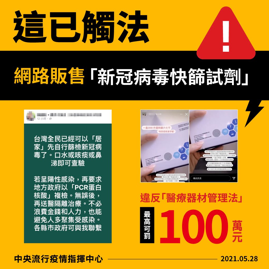 網路販售快篩試劑 指揮中心：此舉觸法 最高可罰100萬