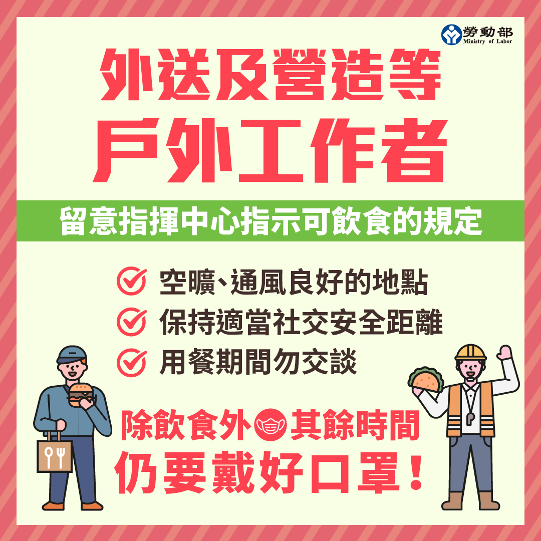 戶外工作者不用躲起來心酸吃飯！  勞動部：暫時取下口罩吃飯沒問題