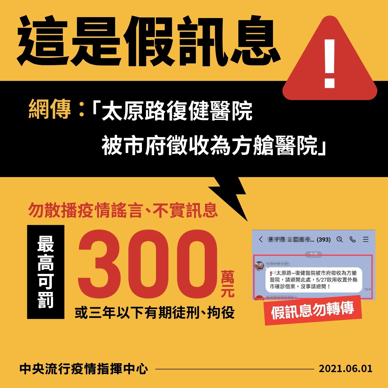 網傳台中太原路復健醫院被徵收為方艙醫院？指揮中心：假訊息勿轉傳