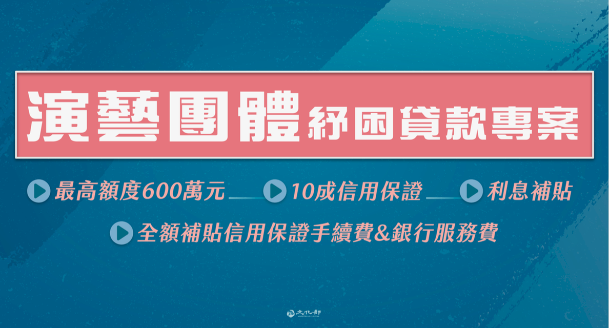 文化部推專屬藝文團體紓困貸款專案  貸款額度最高600萬
