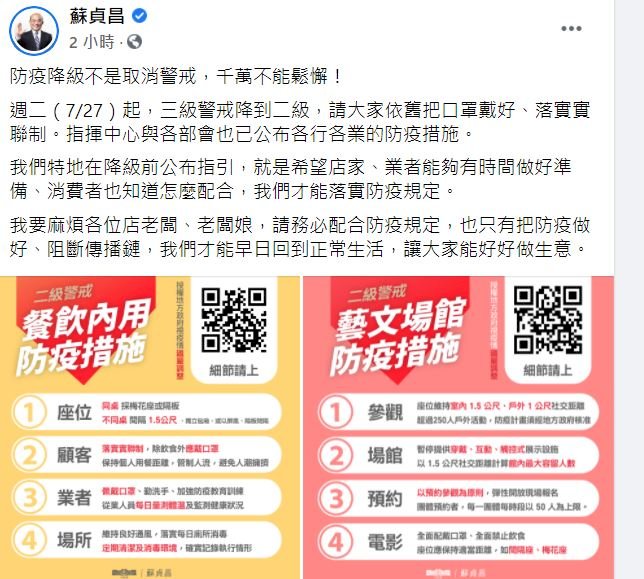蘇貞昌：防疫降級非取消警戒 千萬不能鬆懈
