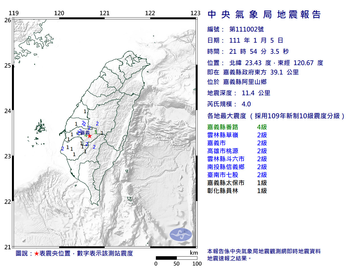 嘉義縣規模4.0地震 最大震度4級