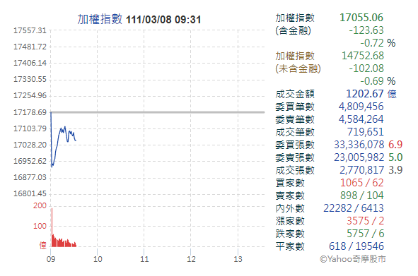 台股早盤一度跌逾250點 17000點失而復得