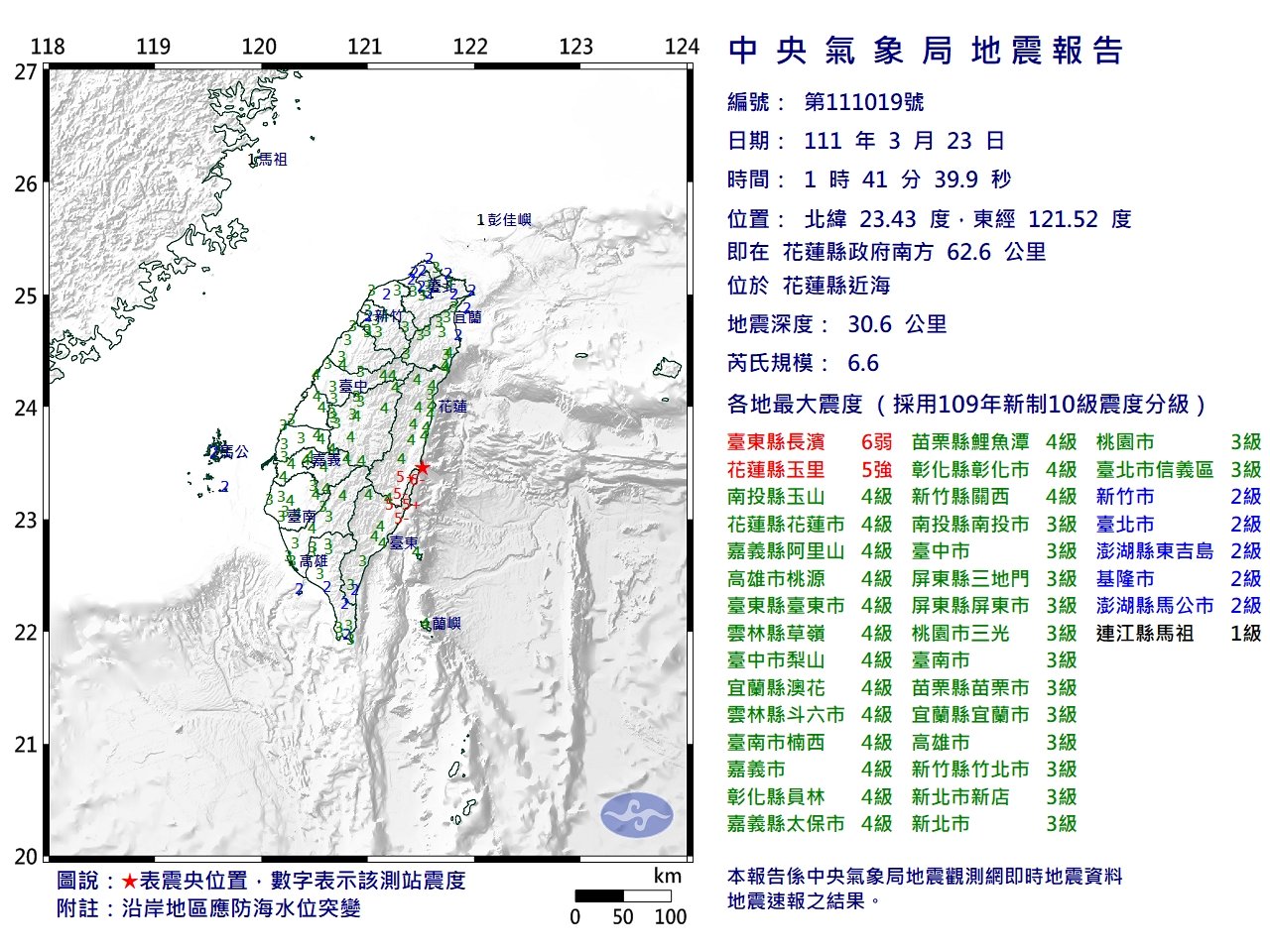01:41花蓮近海規模6.6地震 台東最大震度6弱