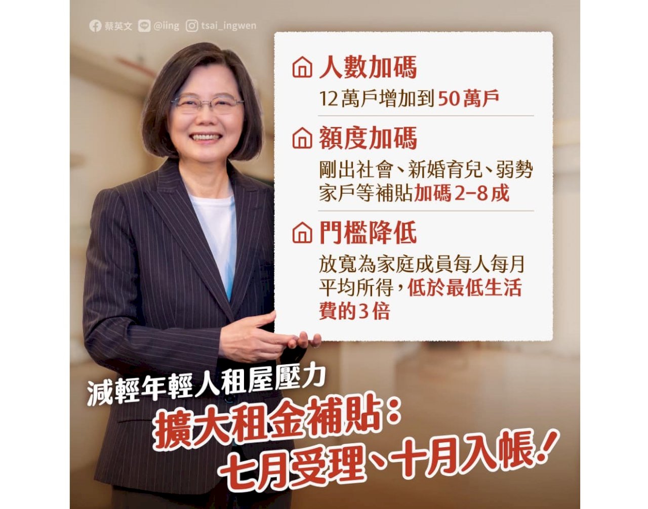 擴大租金補貼50萬戶受惠 蔡英文籲民進黨公職協助宣傳