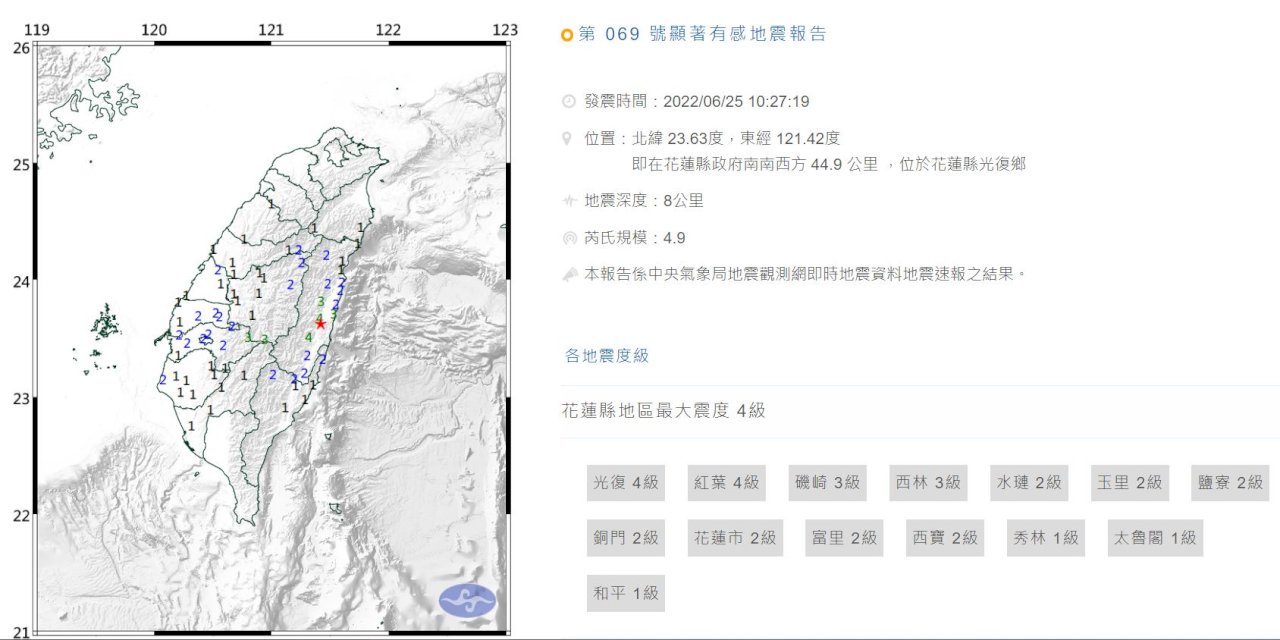 花蓮上午接連發生淺層地震  最大震度4級