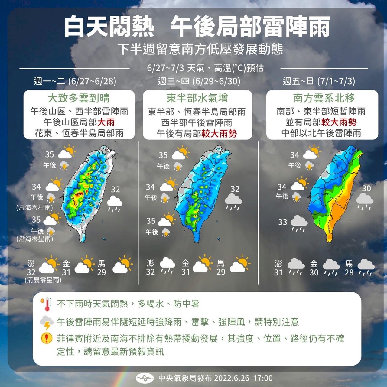 今明上午防高溫、下午防雷陣雨 周三起逐漸變天