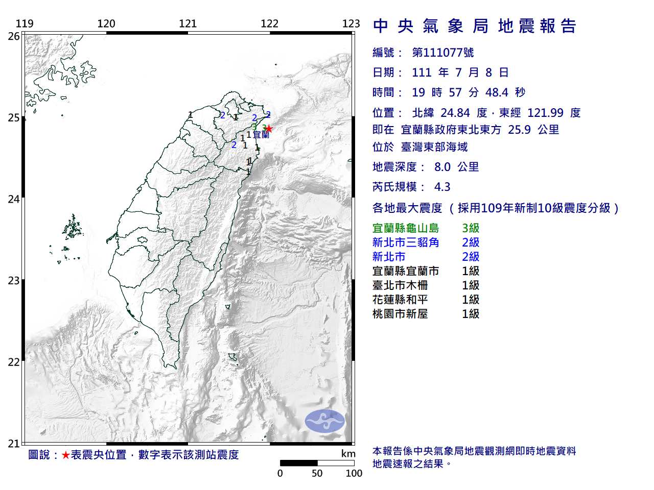 宜蘭地震規模4.3  最大震度3級