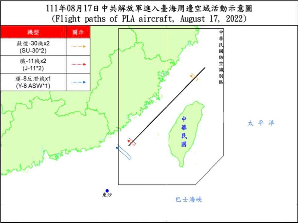 共機擾台21架次 4架次逾越海峽中線