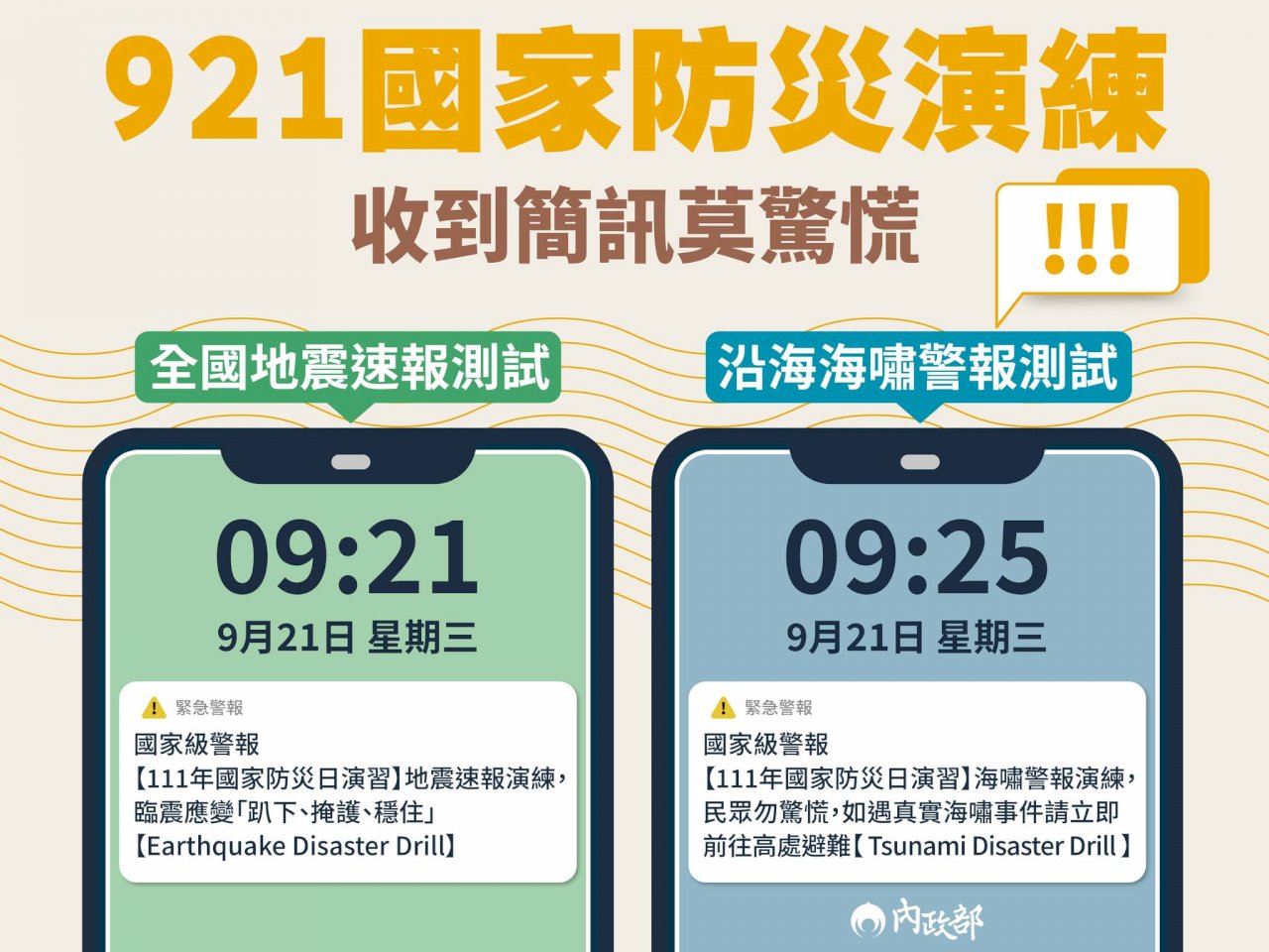 9/21國家防災演練  收到警報訊息勿驚慌