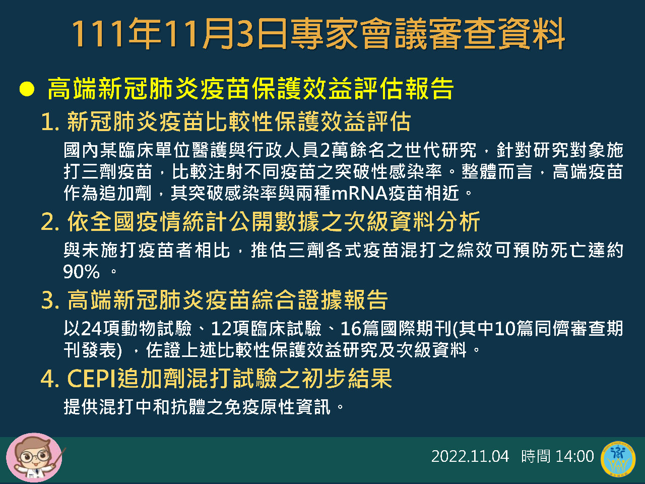 指揮中心：高端重症死亡保護力逾9成 近mRNA疫苗