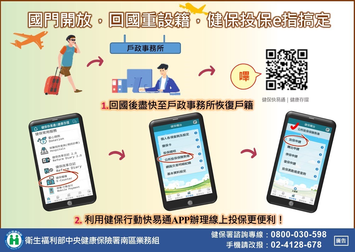 遷出未滿2年 回國重設戶籍即可加健保