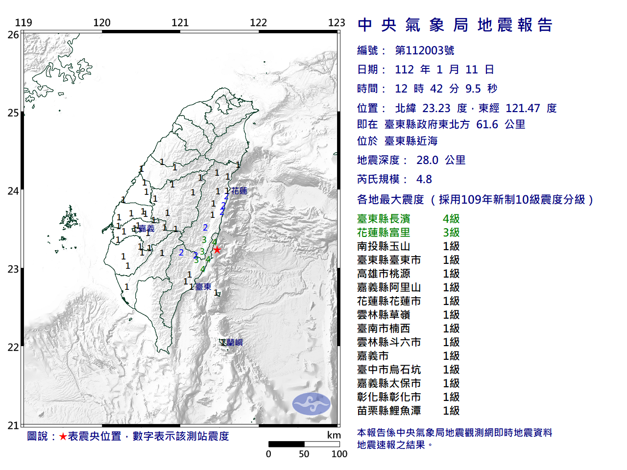 台東近海12：42地震 芮氏規模4.8