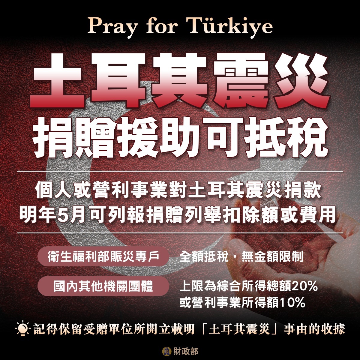 捐款至衛福部土耳其賑災專戶 報稅可全額列舉扣除