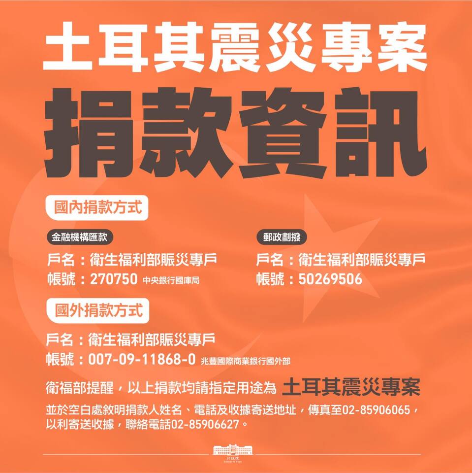 土耳其賑災捐款逾11億 衛福部專戶開放至3/6止