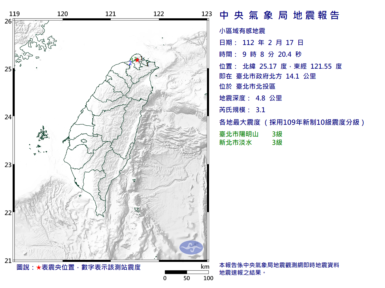 北投地震規模3.1  雙北最大震度3級
