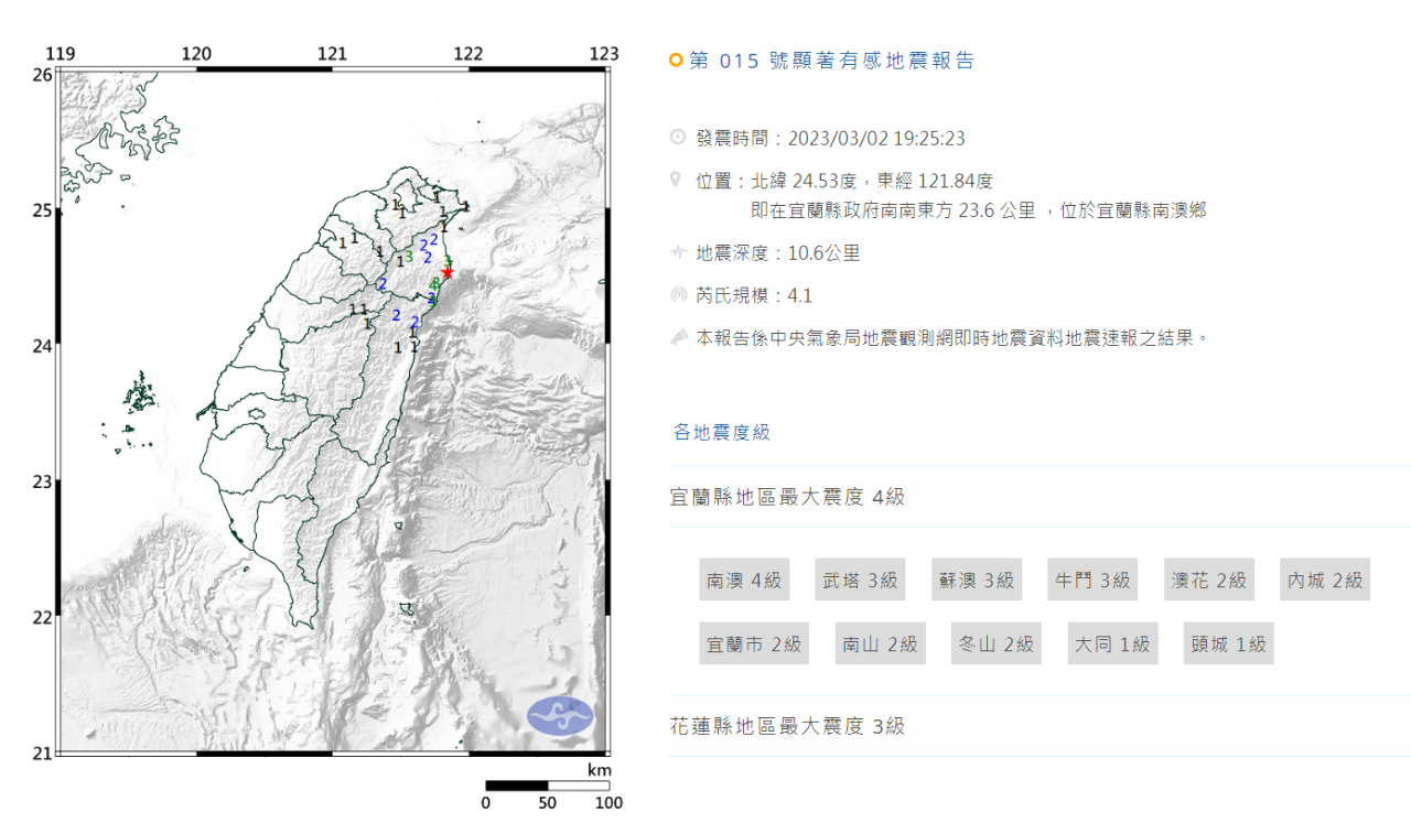 宜蘭南澳19：25地震 規模4.1