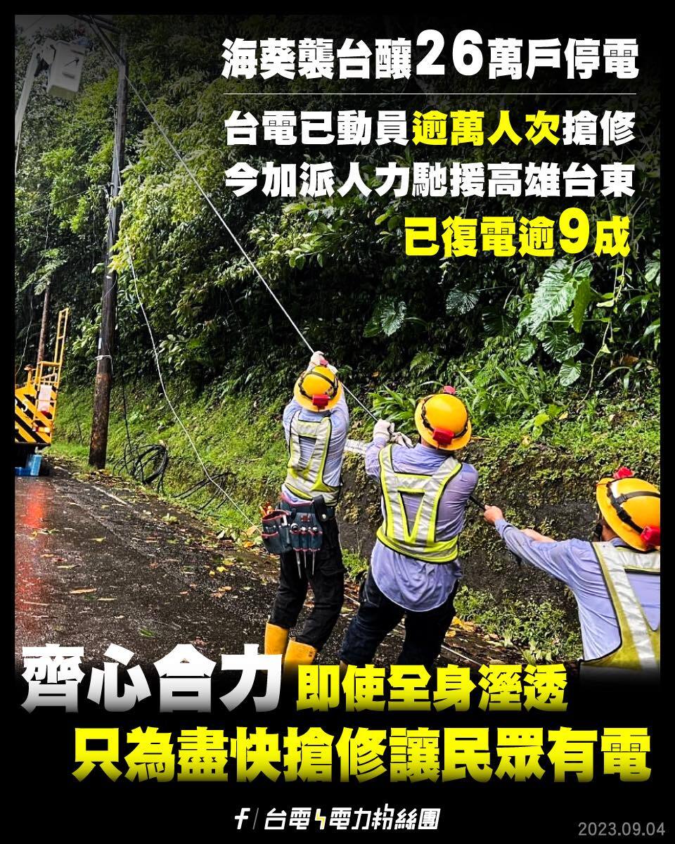 海葵襲台釀26萬戶停電 台電搶修已復電9成3